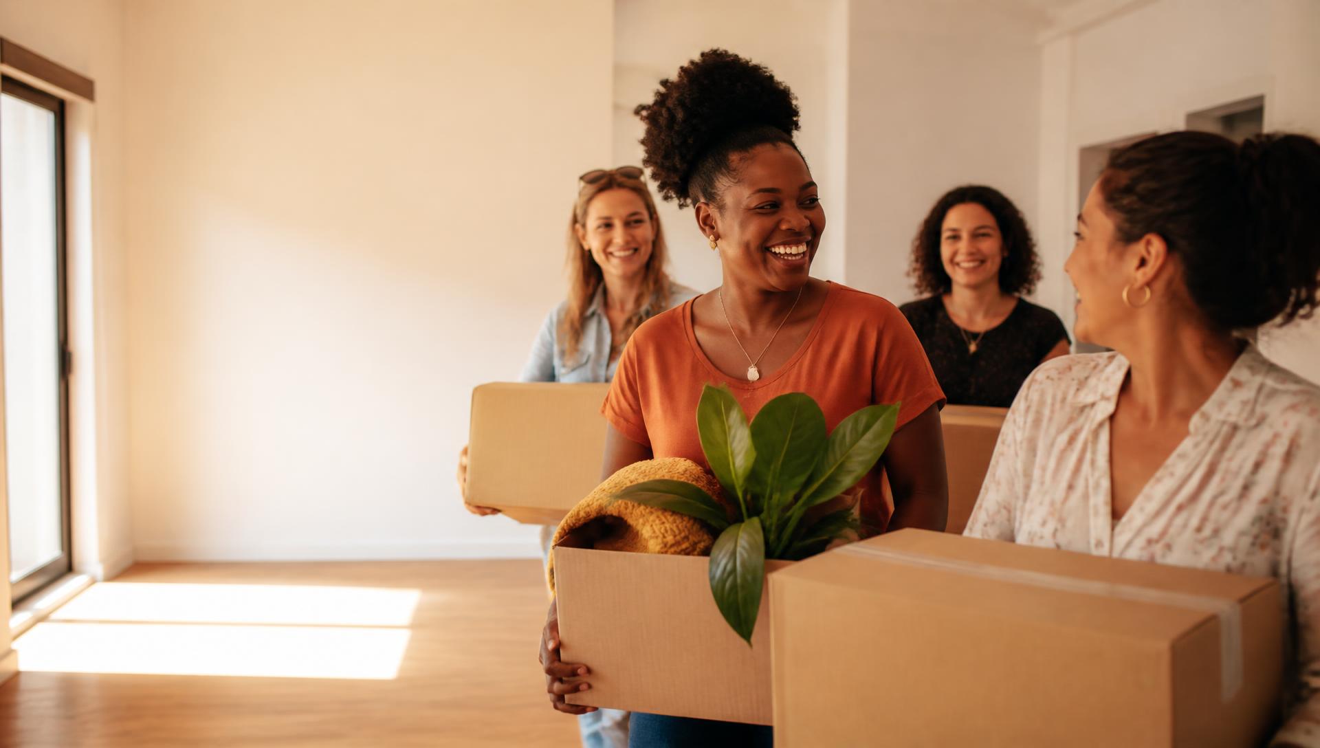 A group of adult women carrying boxes and a plant, helping someone move into a new home